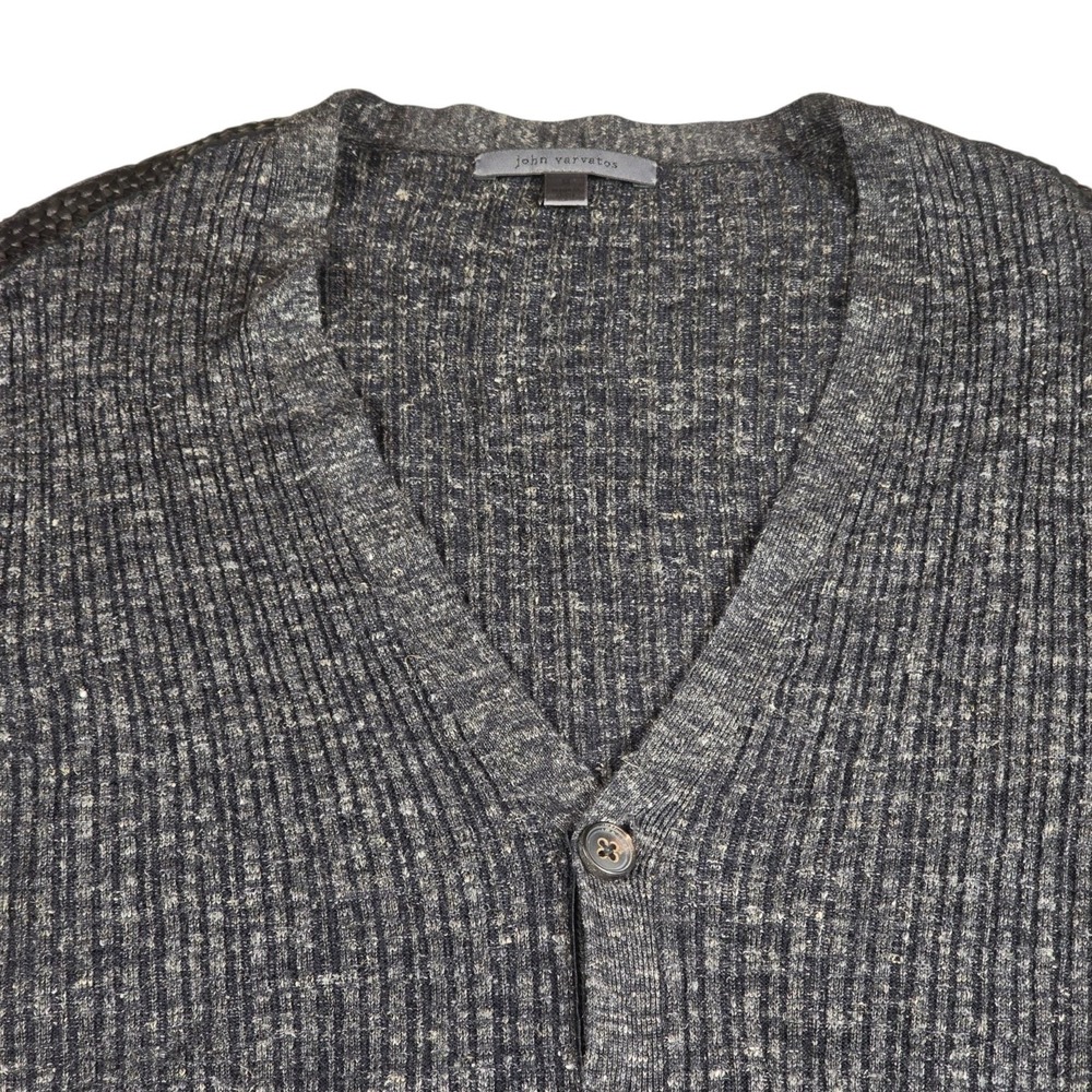 John Varvatos Collection Silk Linen Leather Trim Gray Ribbed Cardigan Men's Sz M - Picture 2 of 10